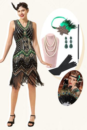 Preto Verde Lantejoulas 1920s Vestido Com 20s Acessórios Set